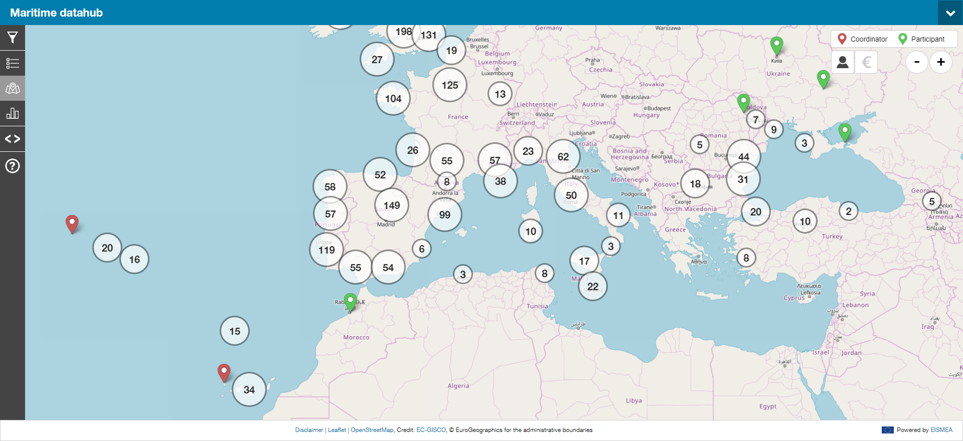screenshot maritime datahub with map ofmediterranean area