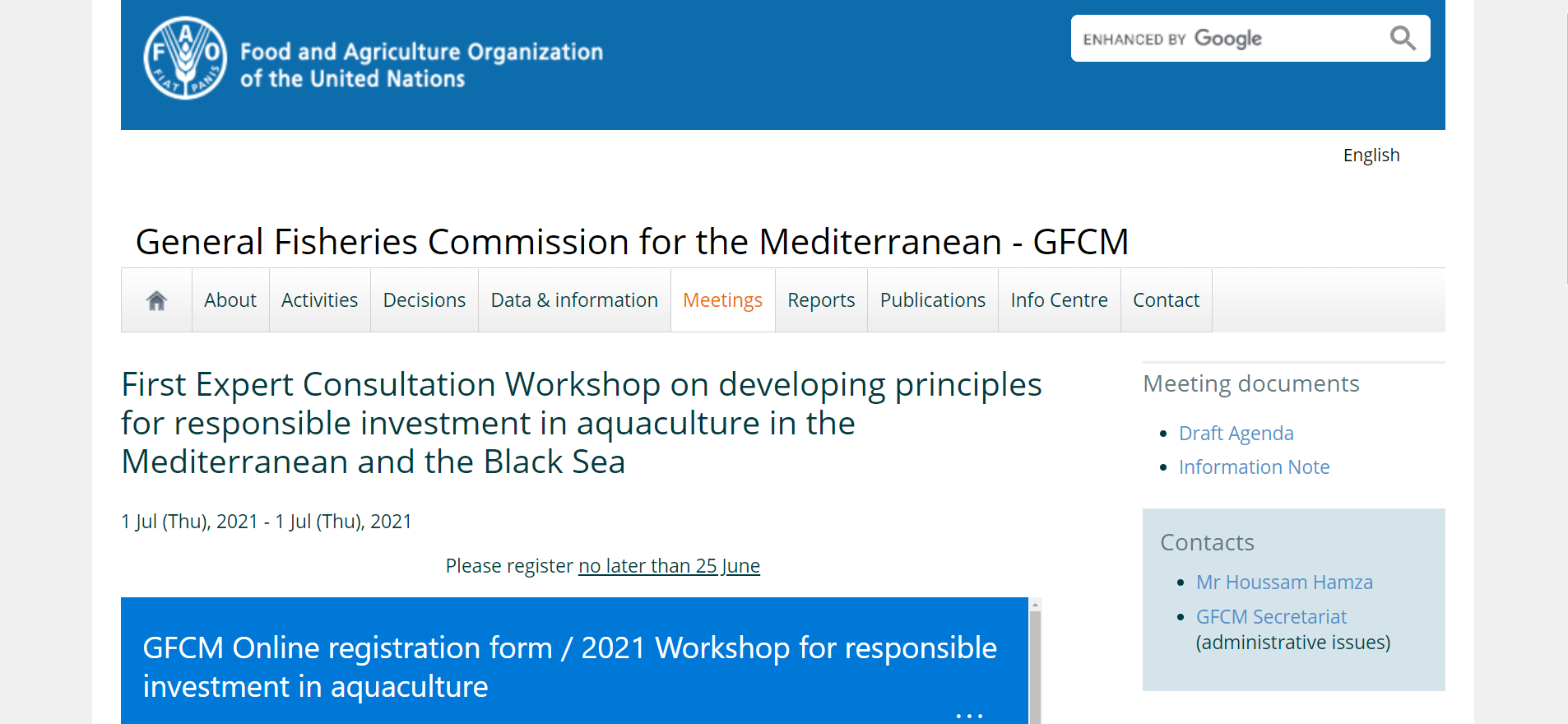 screenshot FAO website with expert consultation workshop announcement